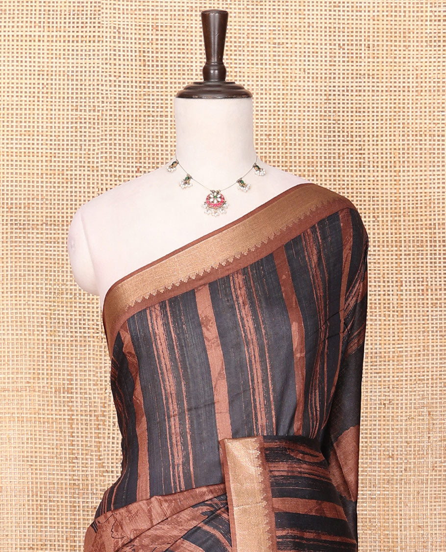 Brown Tussar Saree Elevated with Abstract Print and Circular Motifs, Zari Border Complemented with a Temple Design, Pallu of Circular Motifs Print, and a Matching Blouse