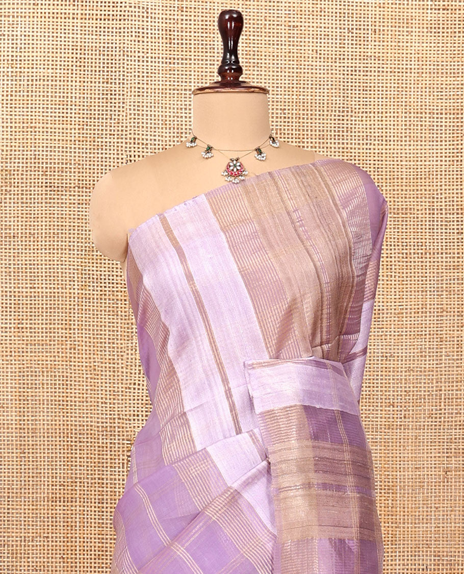Borderless Purple Zari Striped Tussar Silk Saree, a Zari Woven Pallu, and Matching Blouse