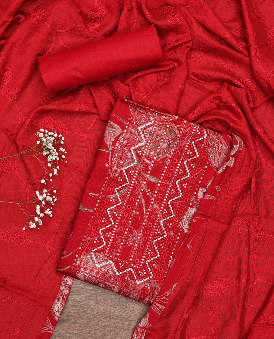 Red Material Chudidar Set, Decked Up with Floral Print and Neck Embroidery on Rayon Top, a Plain Rayon Bottom, and Paired with a Matching Embroidered Chanderi Silk Dupatta