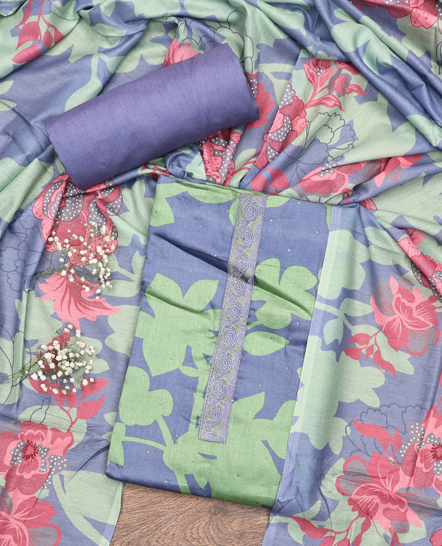 Grey and Green Material Chudidar Set, Bedecked with Silhouette-Style Floral Print, and Stone Work on Its Rayon Top, a Plain Rayon Bottom, and Paired with a Floral Printed Rayon Dupatta
