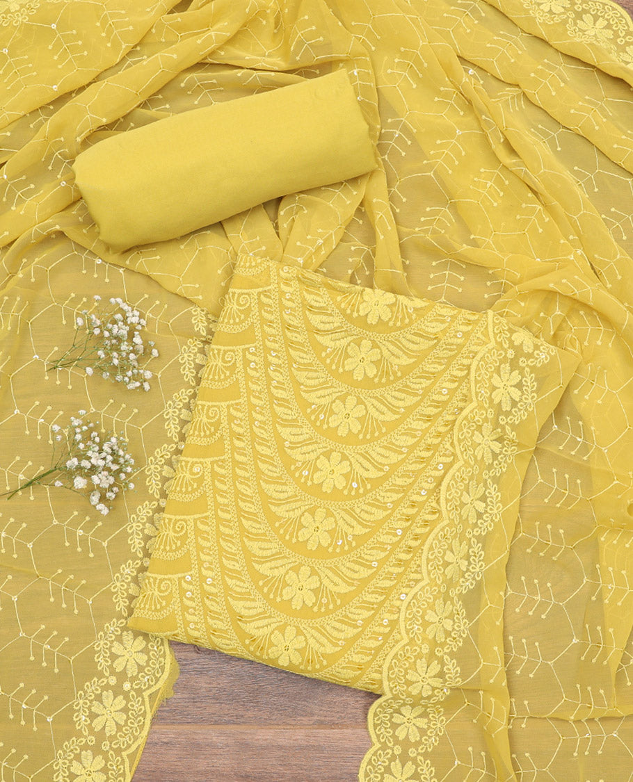 Yellow Material Chudidar Set, Enthralled with Chikankari-Style Thread and Sequins Embroidery on Georgette Top, a Plain Santoon Bottom, and Paired with a Geometric Embroidery Georgette Dupatta