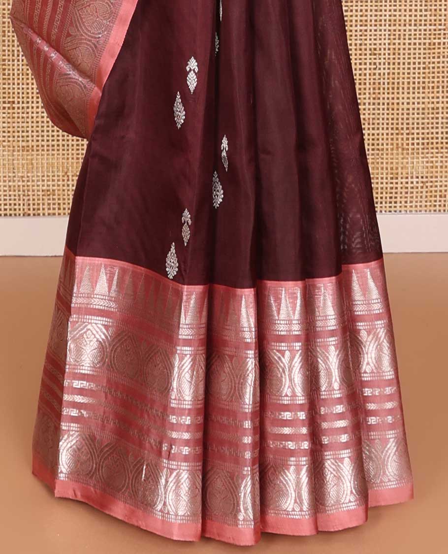 Brown motifs venkatagiri silk saree with contrast temple border & floral design pallu