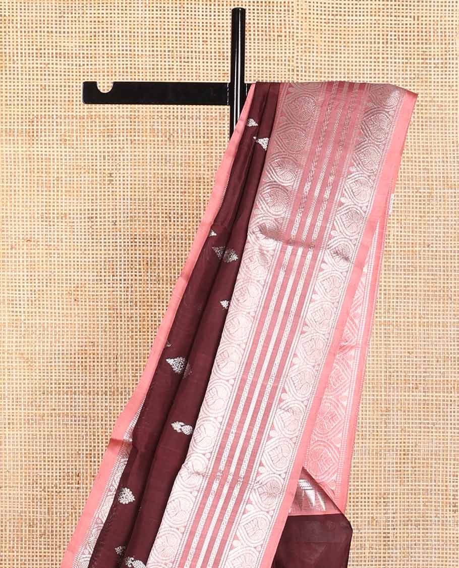 Brown motifs venkatagiri silk saree with contrast temple border & floral design pallu