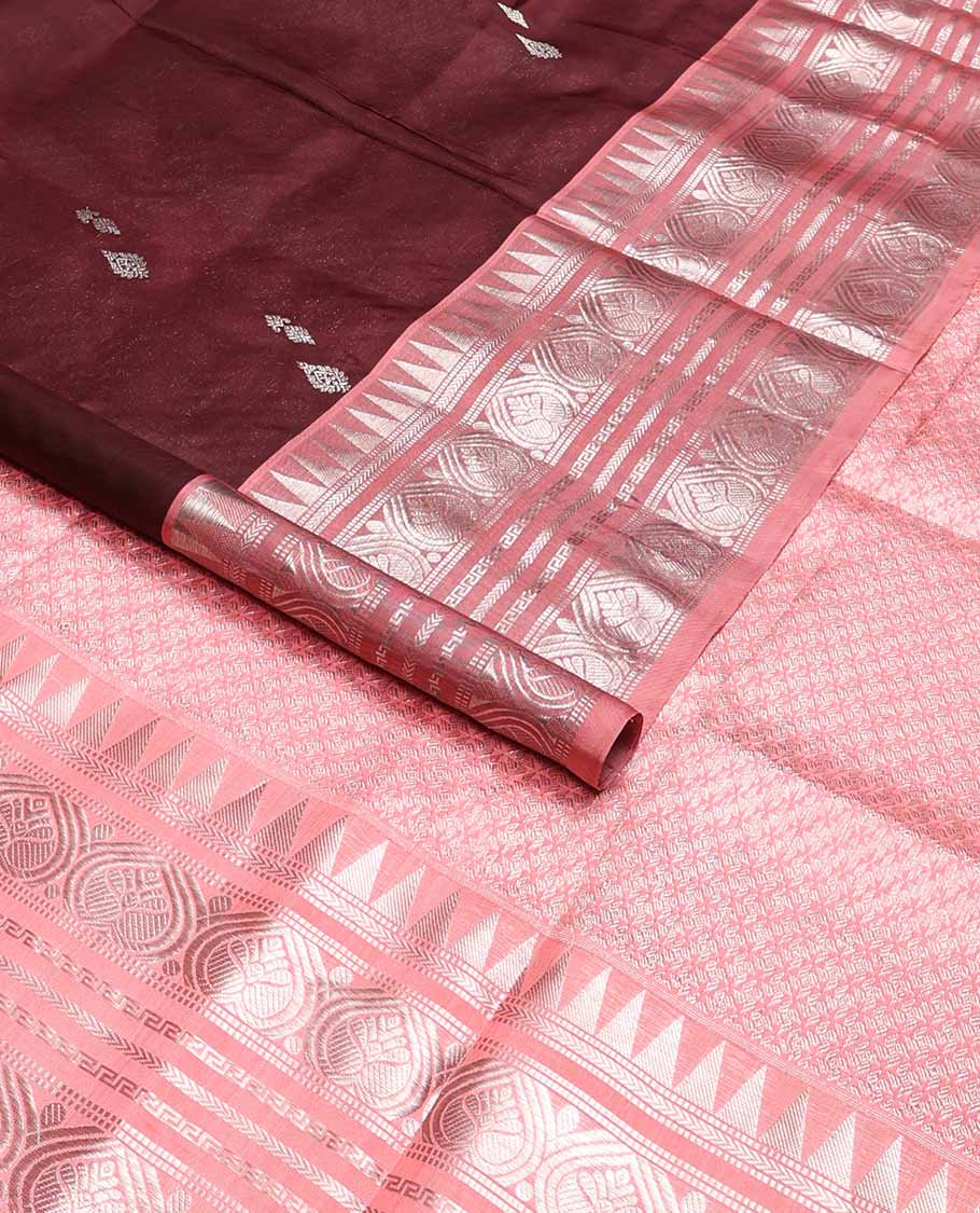 Brown motifs venkatagiri silk saree with contrast temple border & floral design pallu