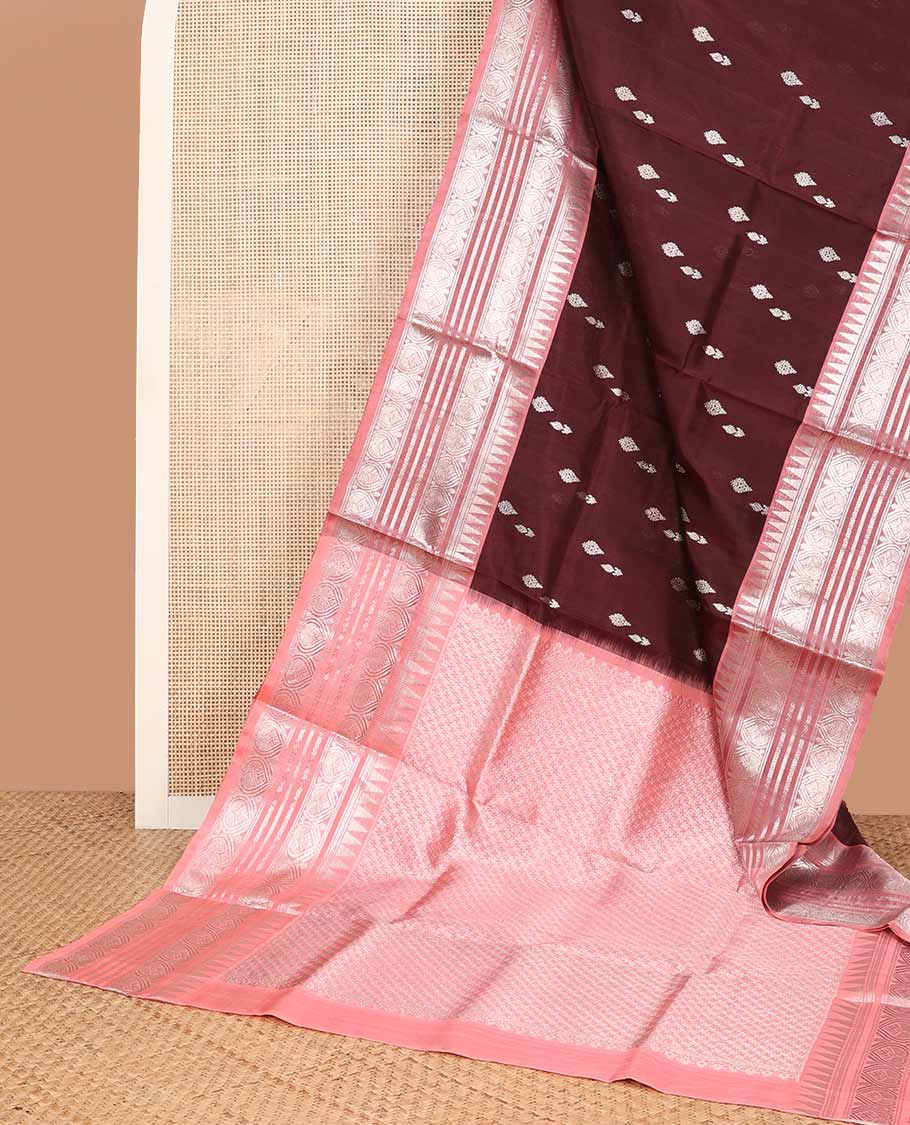 Brown motifs venkatagiri silk saree with contrast temple border & floral design pallu