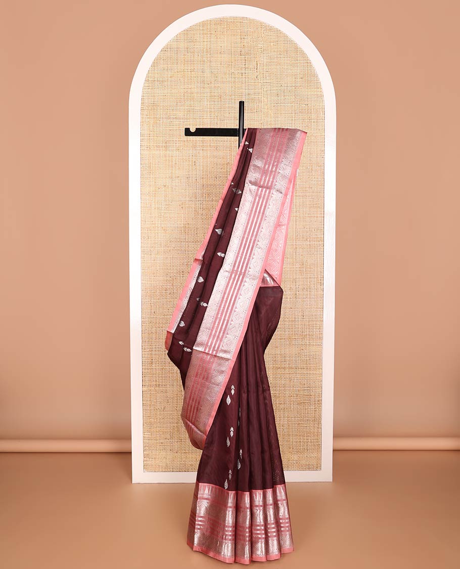 Brown motifs venkatagiri silk saree with contrast temple border & floral design pallu