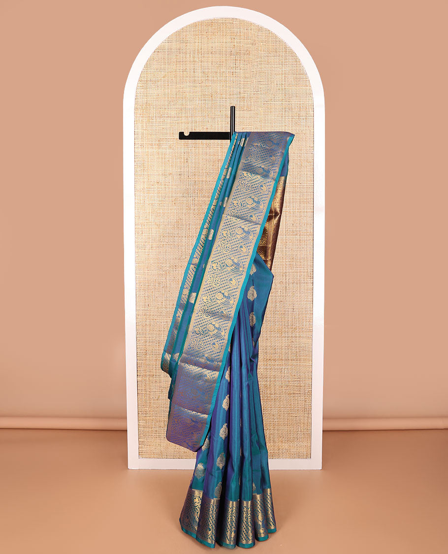 Blue floral motifs vasundhara elite silk saree with contrast floral design border & geometric design pallu