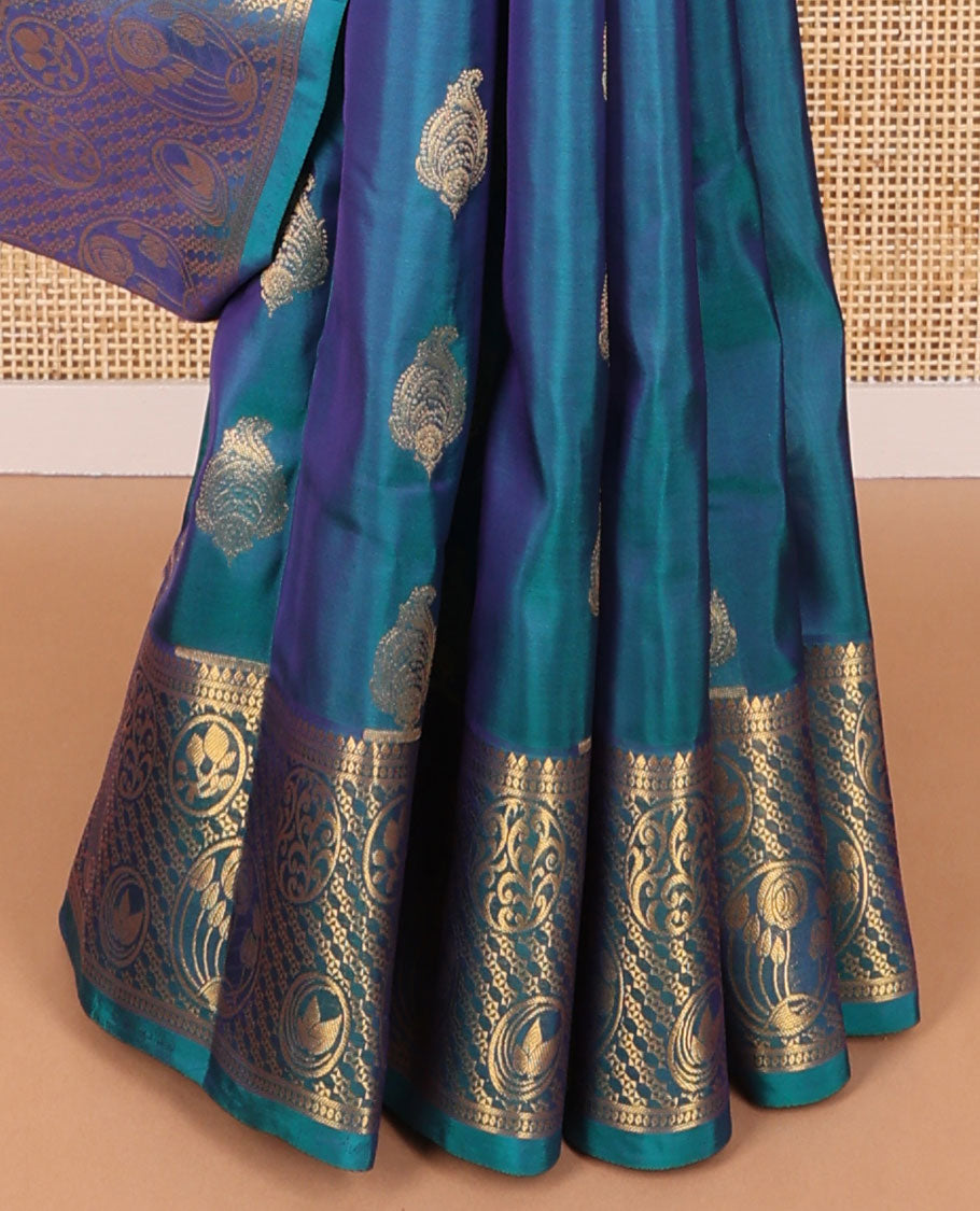 Blue floral motifs vasundhara elite silk saree with contrast floral design border & geometric design pallu