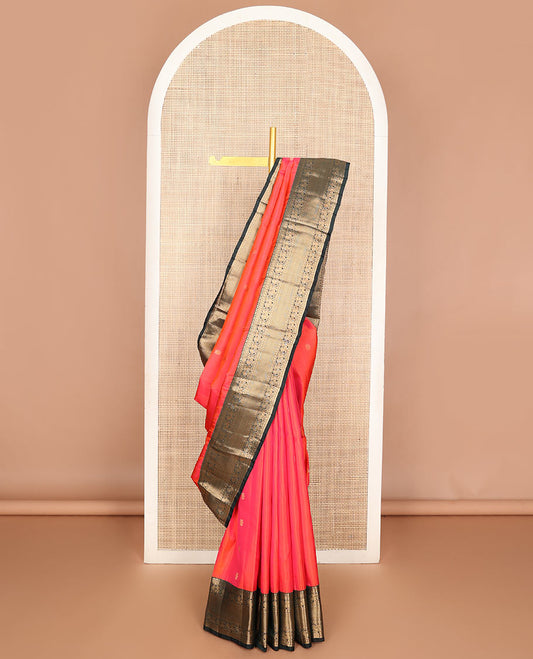 Orange iruthala pakshi Vasundhara silk mix saree, contrast border of thilakam,paisa,mayil & zari stripes & jaal pallu