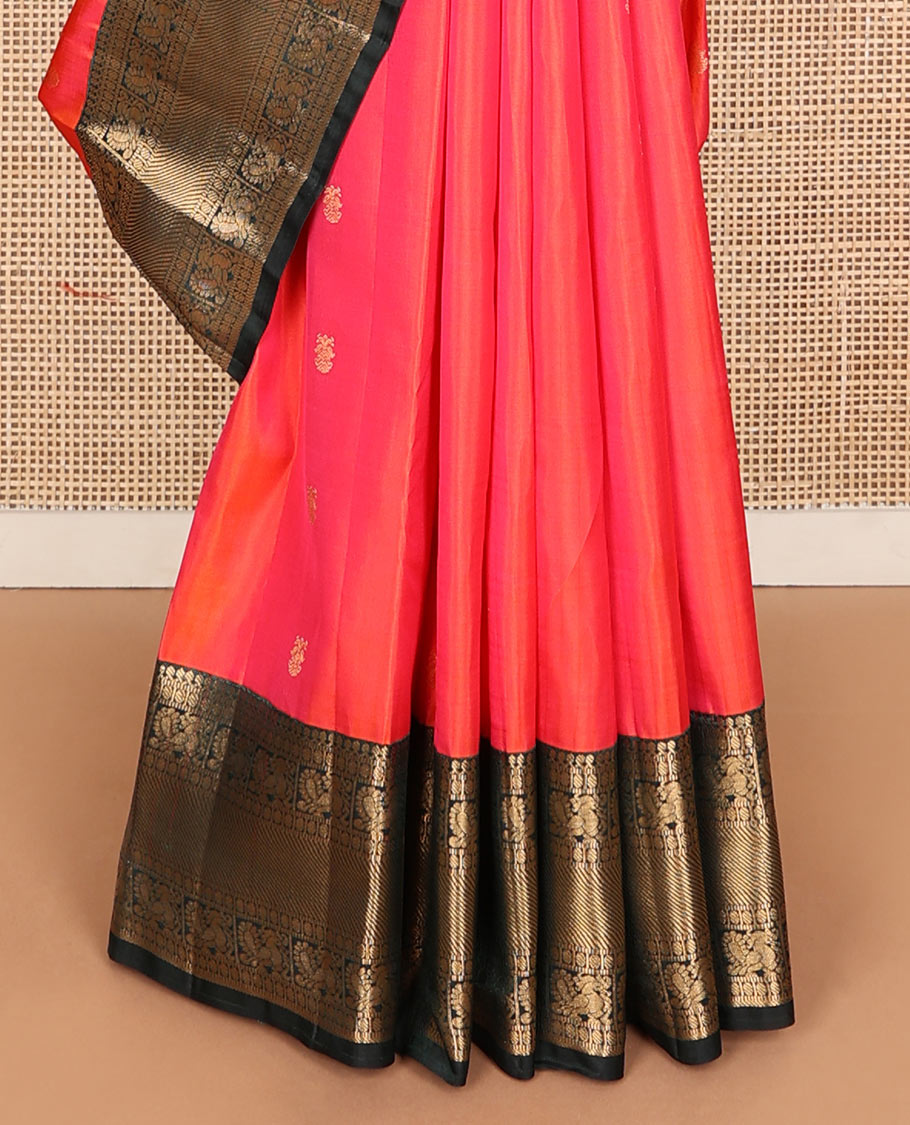 Orange iruthala pakshi Vasundhara silk mix saree, contrast border of thilakam,paisa,mayil & zari stripes & jaal pallu