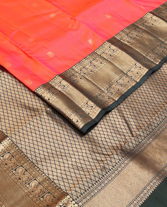 Orange iruthala pakshi Vasundhara silk mix saree, contrast border of thilakam,paisa,mayil & zari stripes & jaal pallu