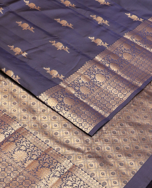 Cement grey floral buttas vasundhara silk mix saree, zari floral & geometric border & jaal design pallu