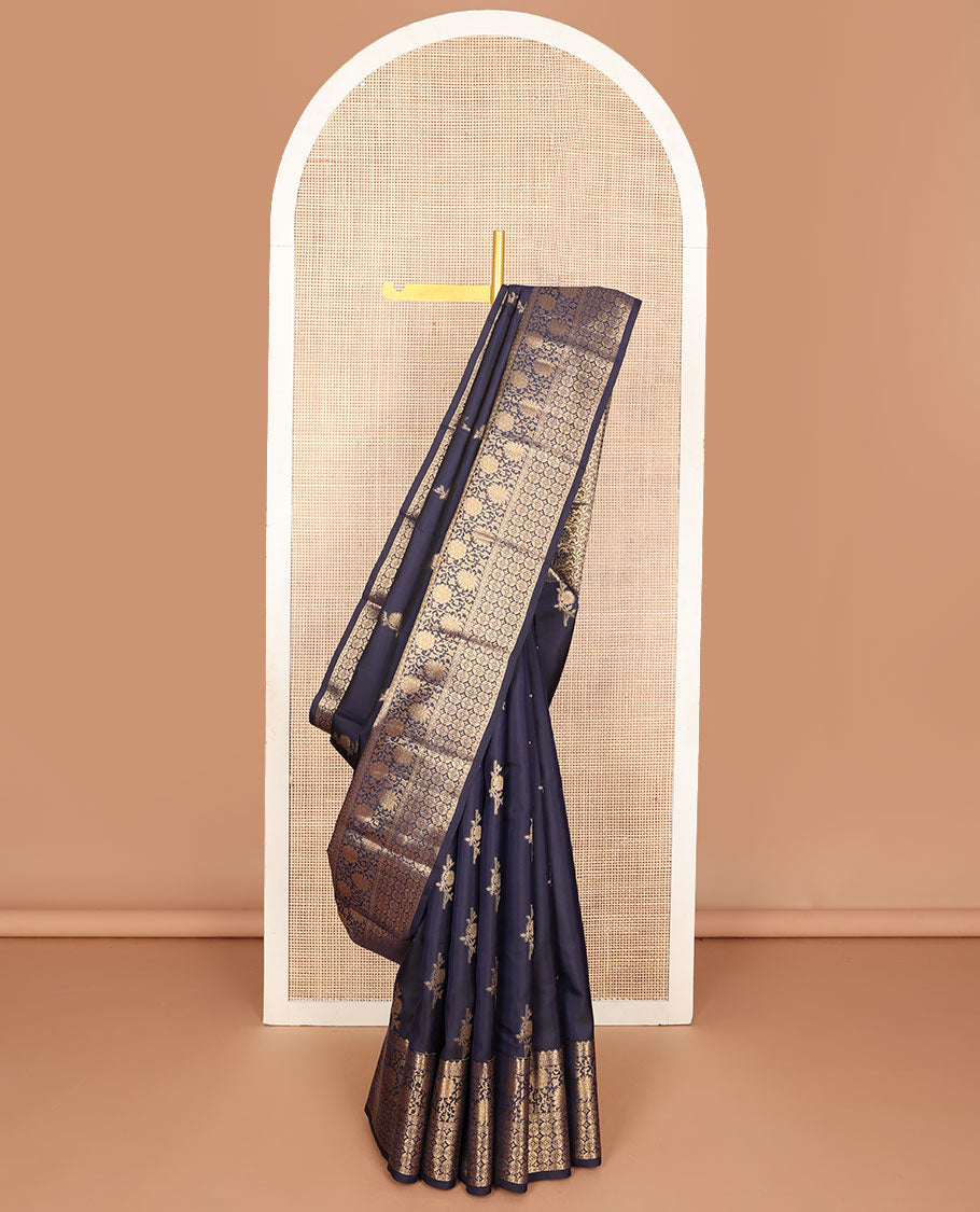 Light sandal zari buttas Vasundhara silk saree, contrast border of vanki, banaras, muthu, kathir, and Pichwai cow motifs zari weave, and pallu of manga designs main image 1