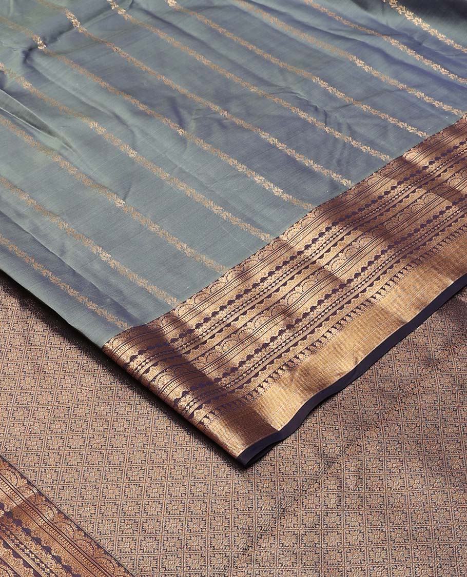 Grey zari stripes Vasundhara silk mix saree, contrast traditional scallop zari border, and jaal pallu
