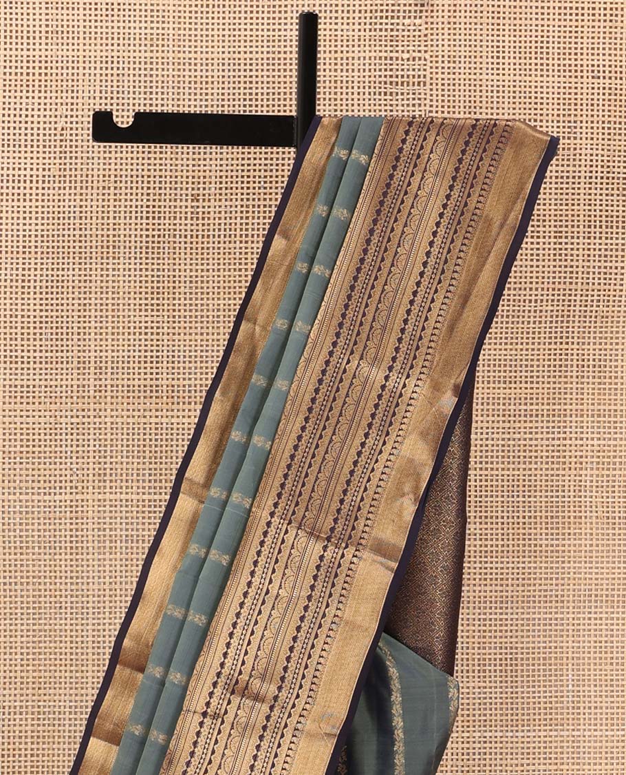 Grey zari stripes Vasundhara silk mix saree, contrast traditional scallop zari border, and jaal pallu