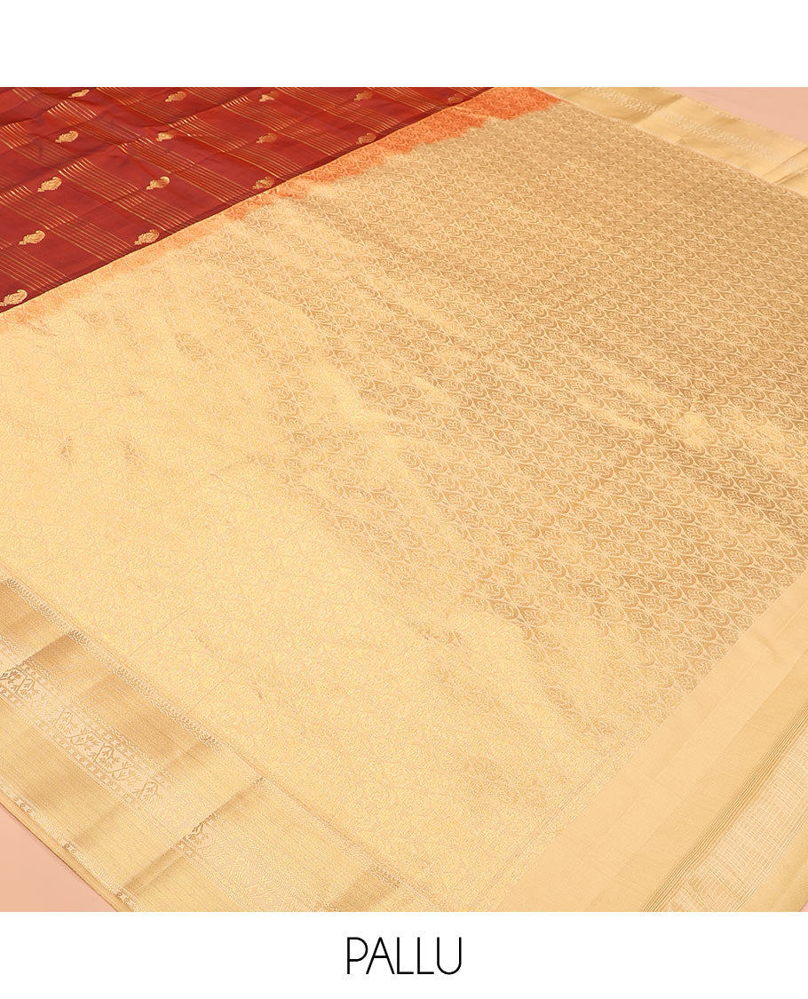 Orange Vasundhara Lite-Silk Mix Saree Decorated with Zari Stripes and Manga Buttas, Complemented by a Paithani-Themed Zari Woven Contrast Border, Pallu Elevated with Thilakam Motifs, and Comes with a Contrast Blouse