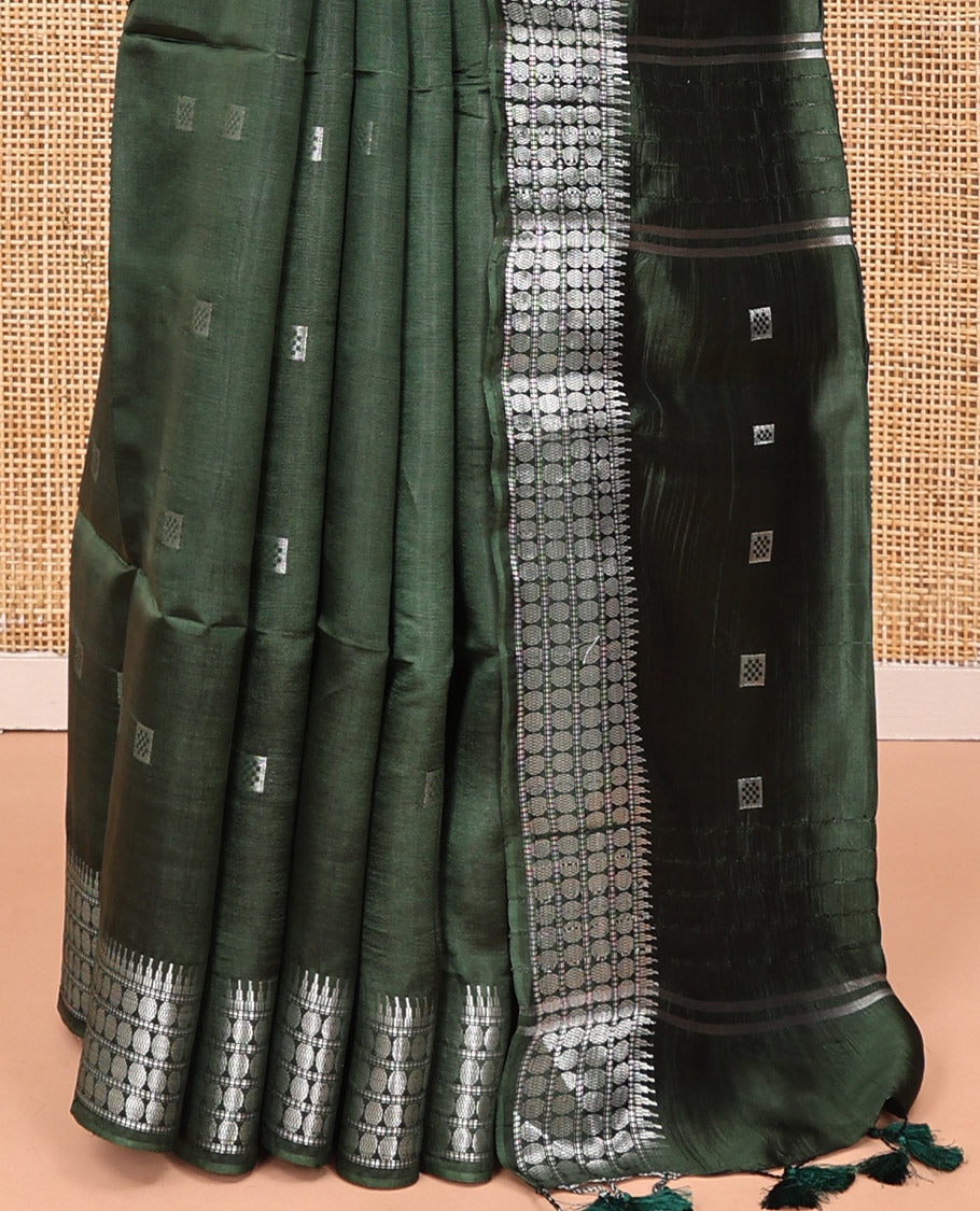 Green Banana Pith Saree, Mesmerized with Square Buttas All Over Its Body, Subtly Woven Temple Border of Rudraksham Designs, Pallu of Buttas, and Paired with a Matching Blouse