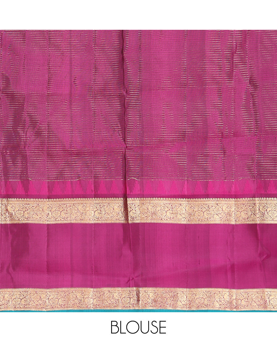 Dark Green and Magenta Vasundhara Silk Saree, Elevated with Zari Buttas and Zari Checks On Its Body, Complemented by Contrast Thazampoo Rekku Rettai Pettu Border of Salngai, and Mayil Designs, Grand Pallu, and Paired with a Contrast Blouse