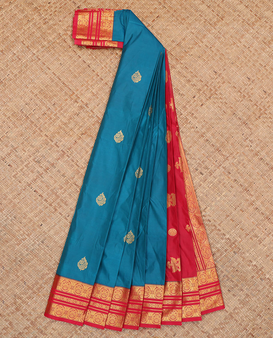 Blue Budget Silk Saree, Enriched with Zari Buttas, Complemented by Contrast Traditional Zari Border, a Grand Pallu and a Contrast Blouse