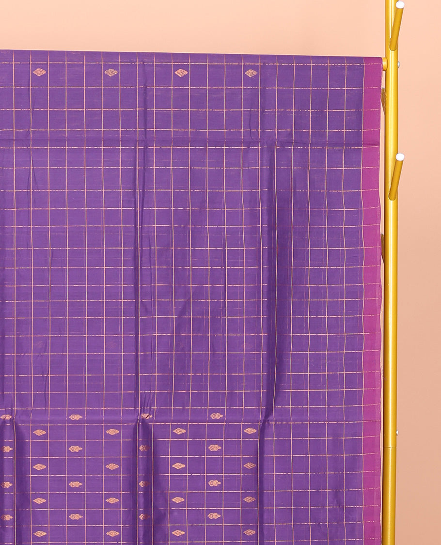Violet Venkatagiri Cotton Saree, Accentuated with Butta Enclosed Checks, a Contrast Zari-Thread Border, Pallu of Stripes, and No Blouse