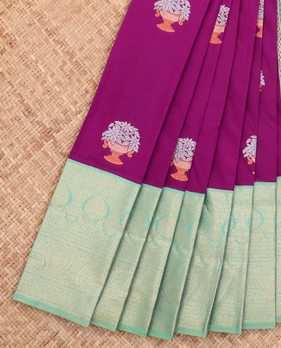 Purple Budget Silk Saree, Prettified with Buttas All Over Its Body, Complemented by a Contrast Traditional Zari Design Border, Intricately Designed Pallu, and Paired with a Contrast Blouse