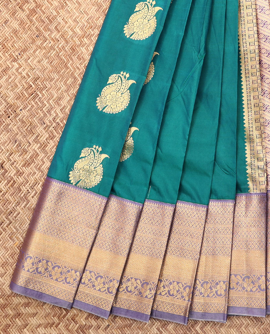 Green Budget Silk Saree, Enriched with Zari Buttas, Complemented by Contrast Traditional Zari Border, a Grand Pallu and a Contrast Blouse