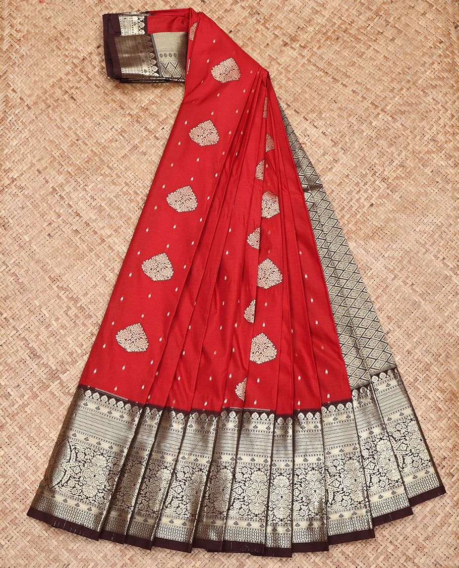 Maroon Budget Silk Saree, Spotlighted with Zari Buttas on Its Body, Complemented by a Contrast Traditional Zari Design Border, Pallu of Jaal Designs, and Paired with a Contrast Blouse