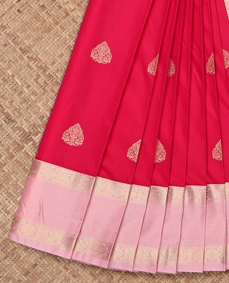 Red Budget Silk Saree, Detailed with Zari Buttas on Its Body, Complemented by a Contrast Traditional Zari Design Border, Grand Pallu, and Paired with a Contrast Blouse