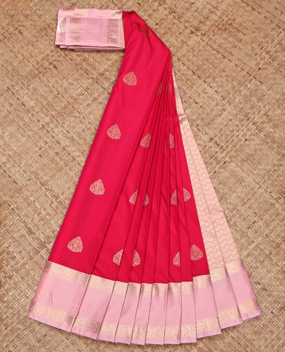 Red Budget Silk Saree, Detailed with Zari Buttas on Its Body, Complemented by a Contrast Traditional Zari Design Border, Grand Pallu, and Paired with a Contrast Blouse
