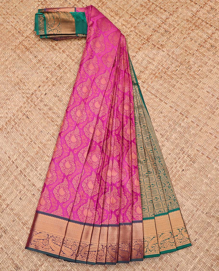 Pink Budget Silk Saree, Spotlighted with Jacquard Design, Complemented by a Contrast Traditional Zari Border, Grand Pallu, and a Contrast Blouse