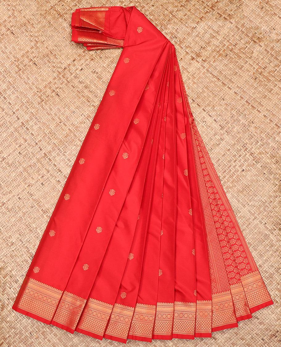 Red Budget Silk Saree, Spotlighted with Zari Buttas, Highlighted by a Traditional Zari Border, Intricate Pallu, and a Matching Blouse