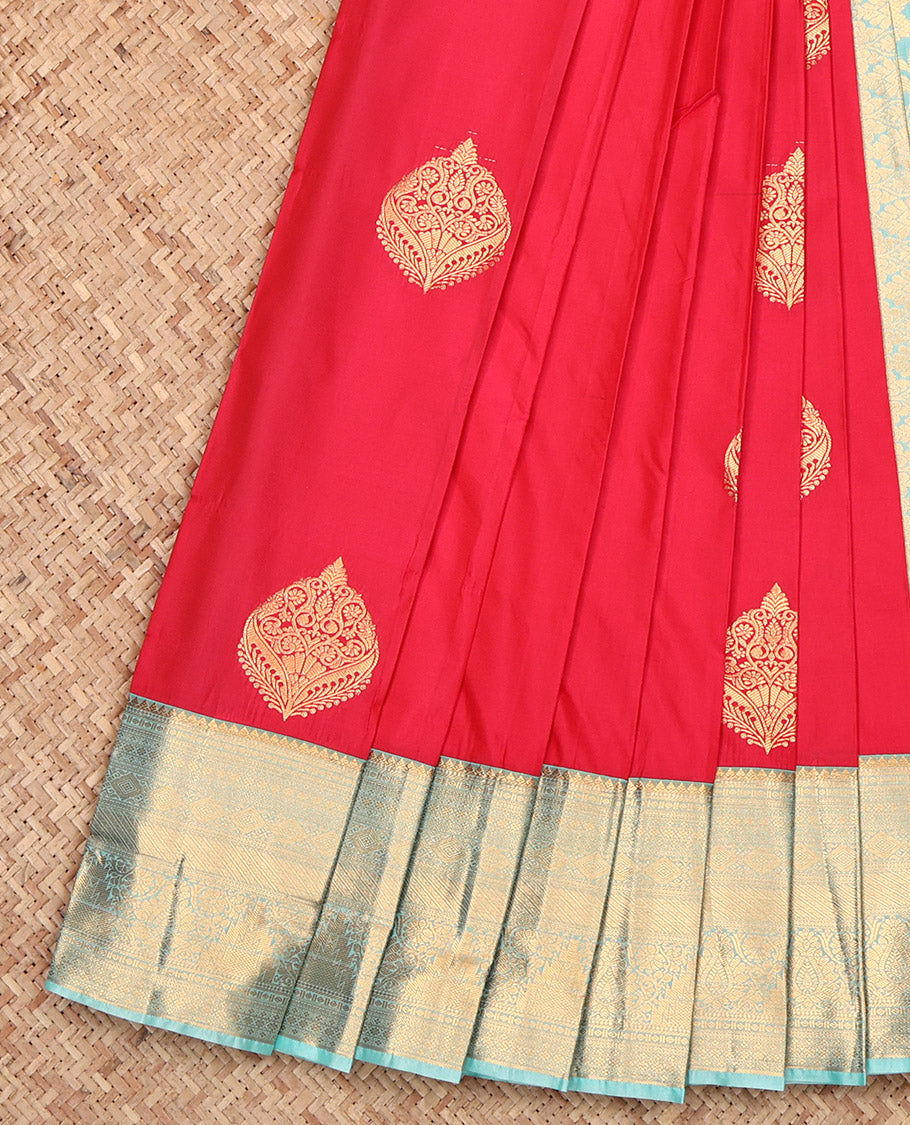 Red Budget Silk Saree, Opulently Embellished with Zari Buttas, Complemented by a Contrast Traditional Border, Grand Pallu, and a Contrast Blouse