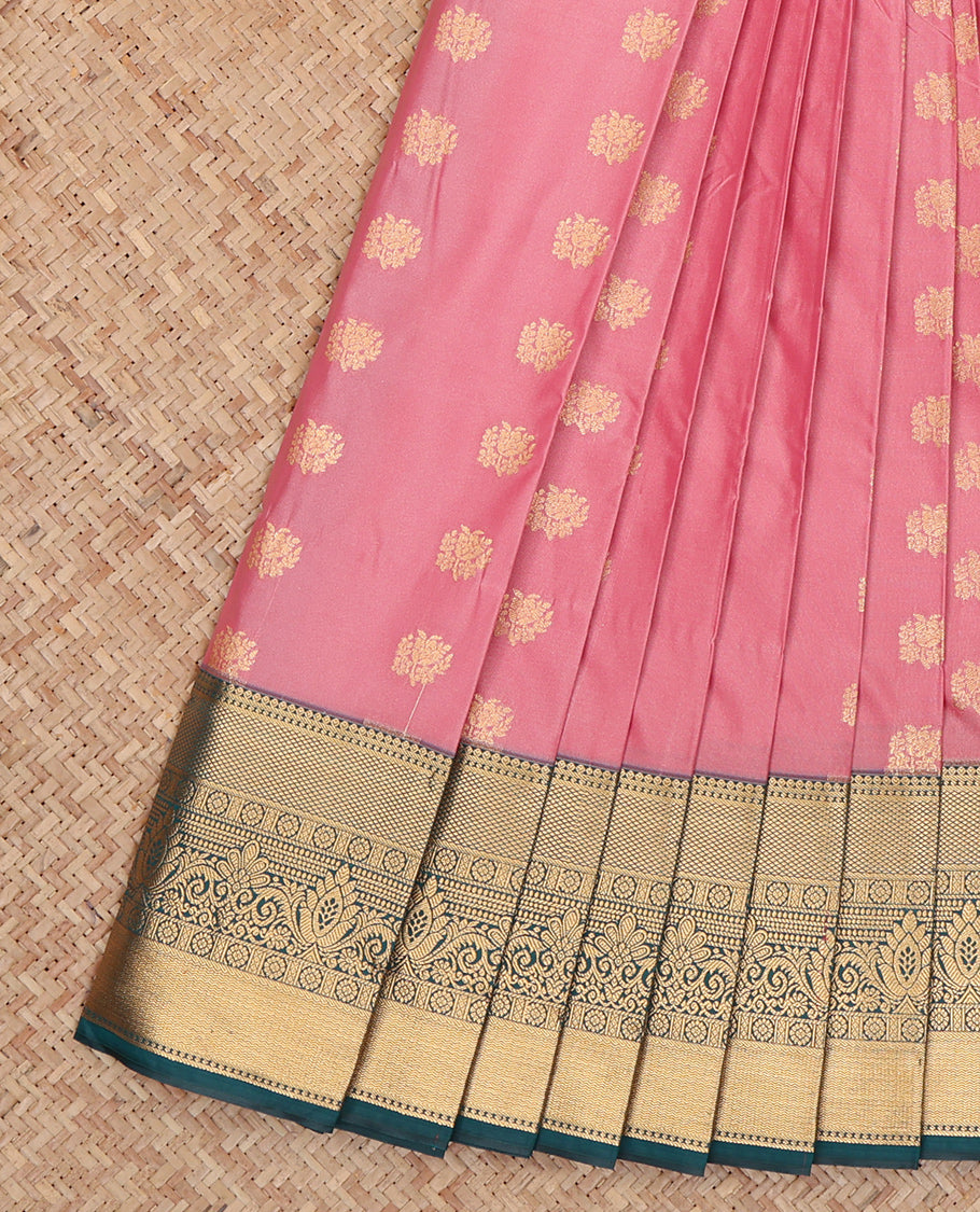 Pink Budget Silk Saree, Gleamed Up with Zari Buttas, Complemented by a Contrast Traditional Zari Rettai Pettu Border, Grand Pallu, and a Contrast Blouse