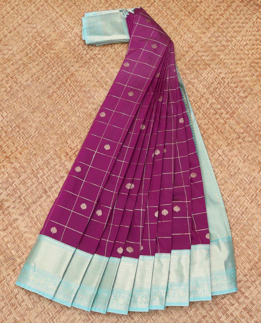 Purple Budget Silk Saree, Enthralled with Checks Enclosed Zari Buttas, Complemented by Contrast Traditional Zari Border, a Grand Jaal Pallu and a Contrast Blouse