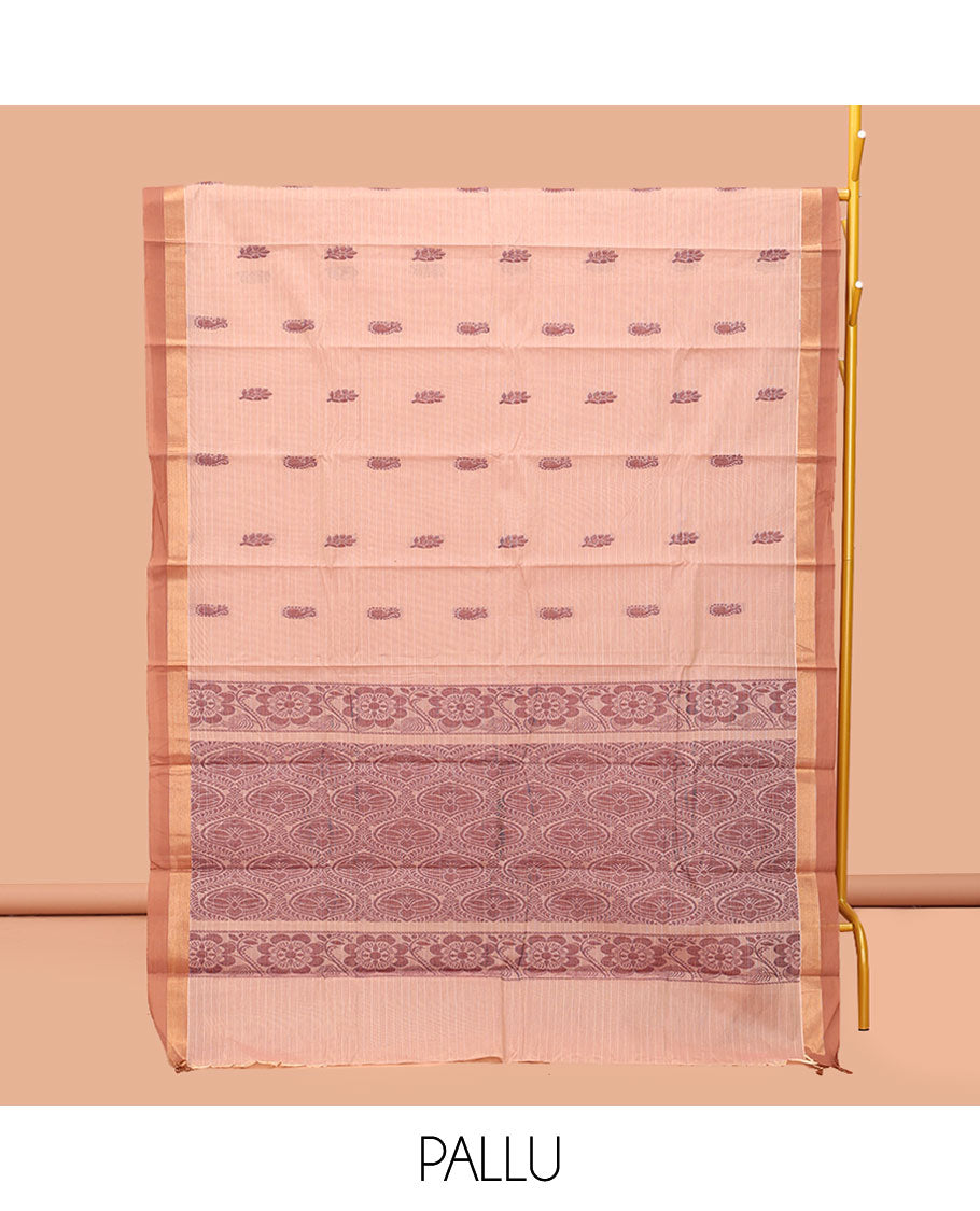 Light Sandal Kanchi Cotton Saree, Woven with Buttas, Complemented by a Contrast Border, Pallu of Ogee Design, and a Matching Blouse
