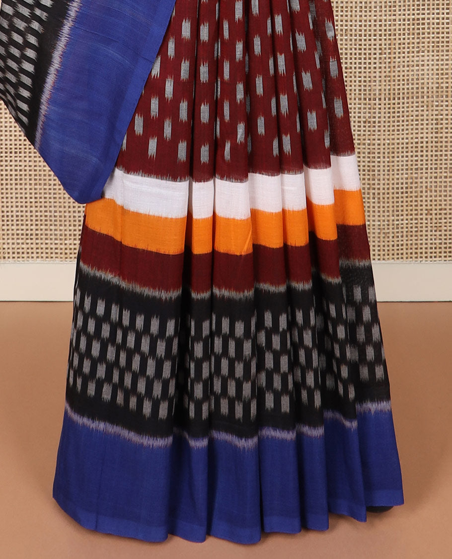 Multi-color buttas Pochampally ikkat saree, contrast plain border, and ikkat design pallu