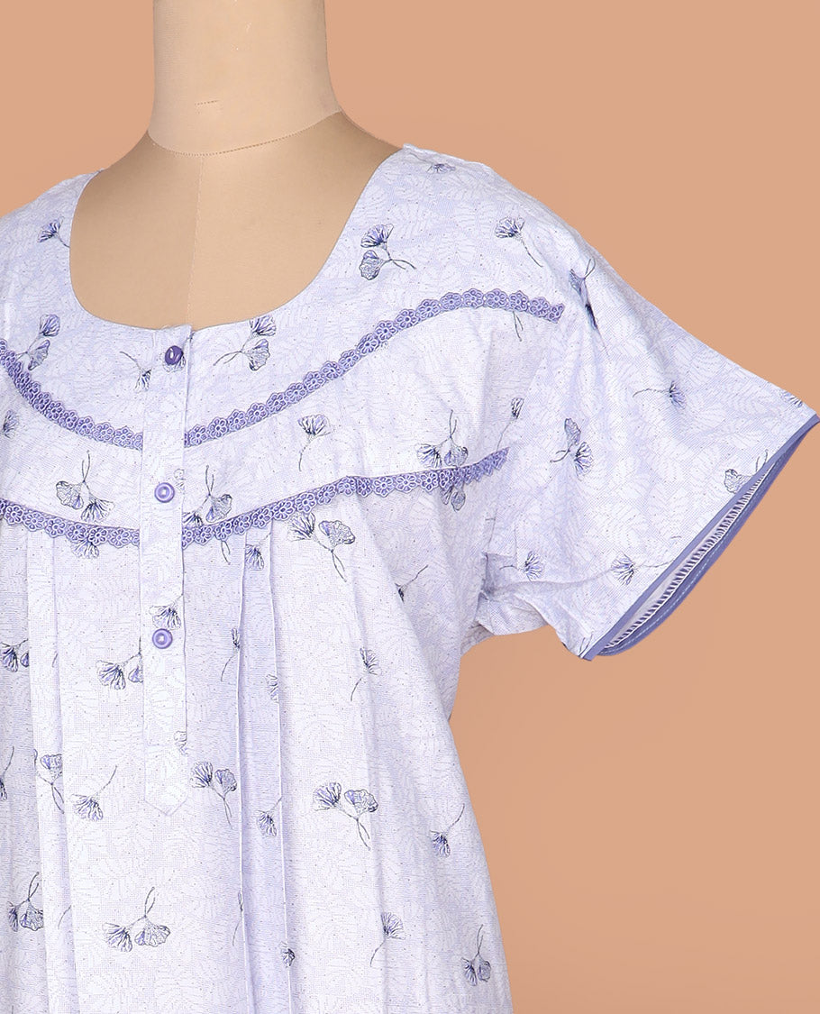 Lavender floral motifs printed with round neck lace work half-sleeve cotton nighty