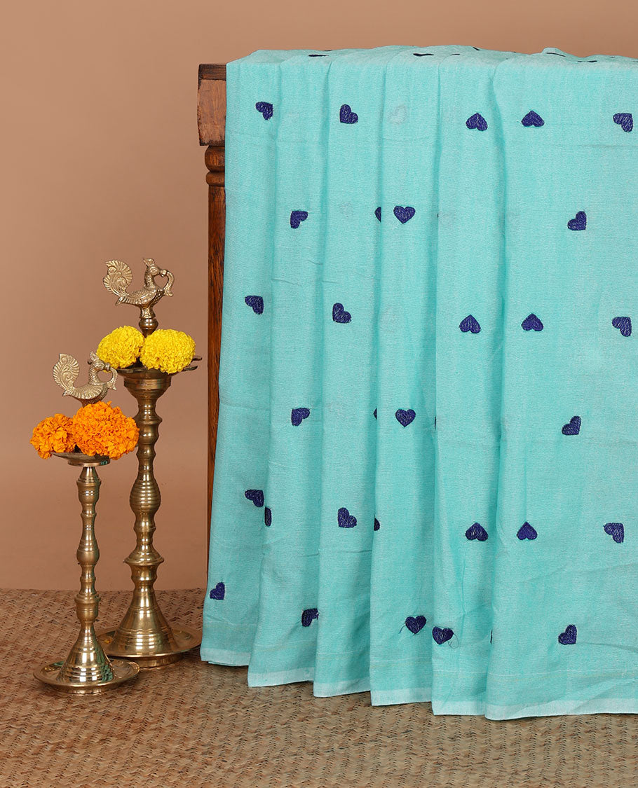 Borderless Ramar blue color heart thread embroidery jute cotton saree with self pallu & plain blouse