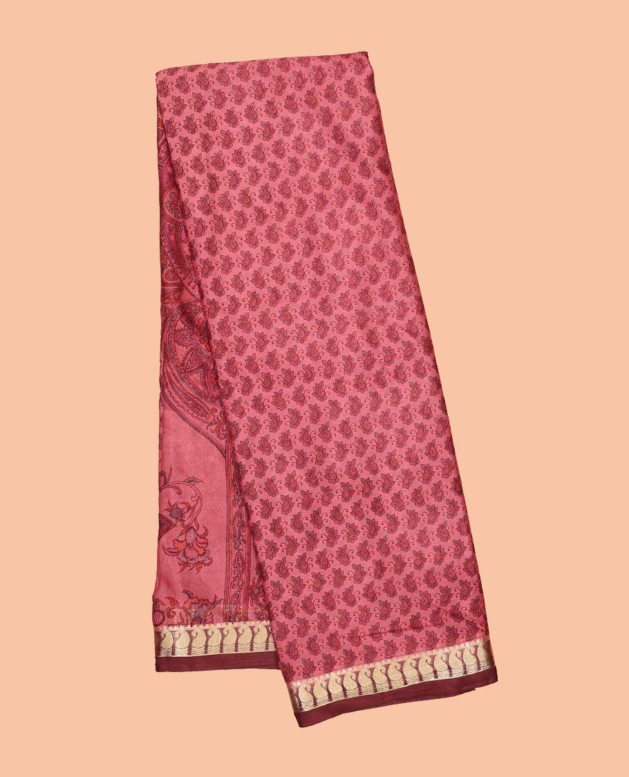 Pink micro-motifs printed semi-banaras printed saree, contrast paisley border & intricate pallu