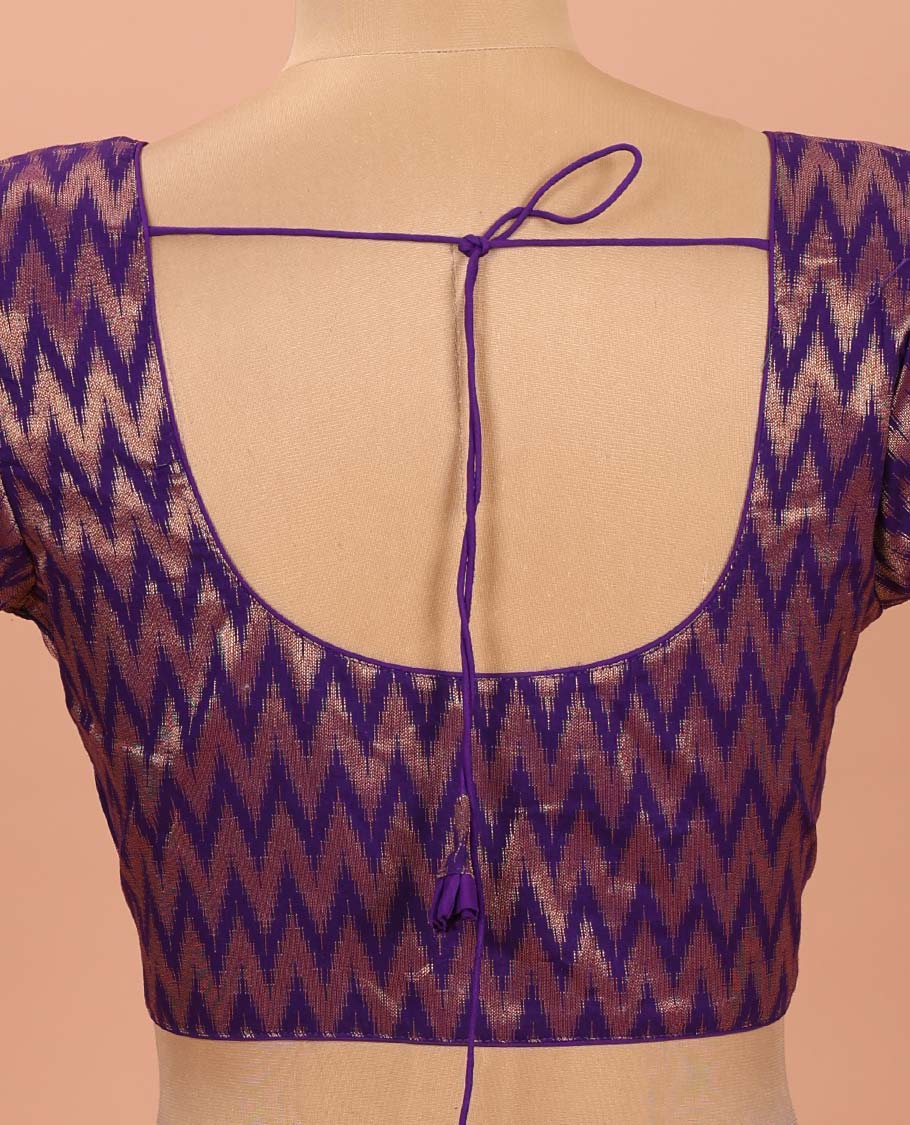 Violet Readymade Blouse Bedecked with Chevron Zari Stripes, Featuring a Front Round-Neck, Back Round-Neck, and Elbow Sleeves