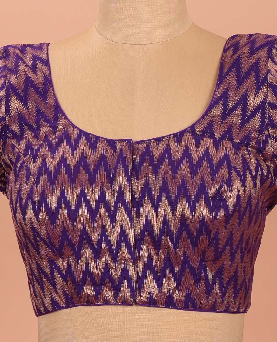 Violet Readymade Blouse Bedecked with Chevron Zari Stripes, Featuring a Front Round-Neck, Back Round-Neck, and Elbow Sleeves