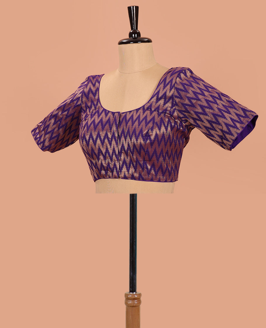 Violet Readymade Blouse Bedecked with Chevron Zari Stripes, Featuring a Front Round-Neck, Back Round-Neck, and Elbow Sleeves