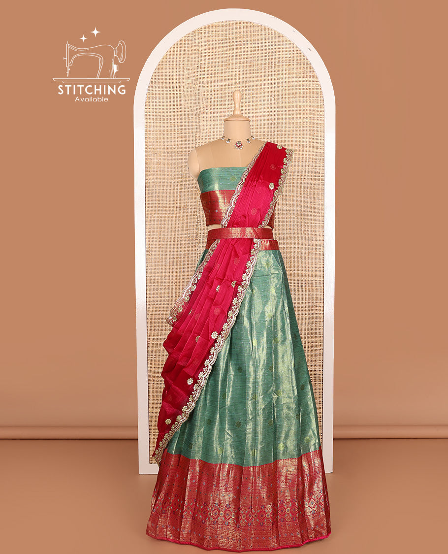Green art silk half-saree, buttas with contrast traditional zari big bordered skirt, matching blouse, and contrast scallop embroidered dhavani