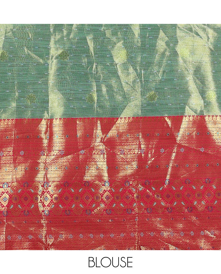 Green art silk half-saree, buttas with contrast traditional zari big bordered skirt, matching blouse, and contrast scallop embroidered dhavani