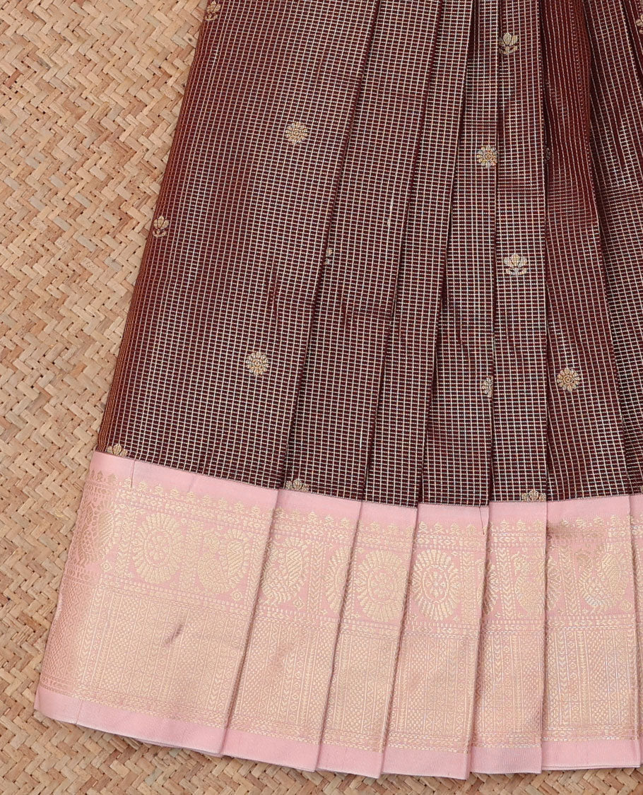 Brown Budget Silk Saree, Dazzled with Zari Buttas and Checks, a Contrast Traditional Zari Border, Grand Pallu, and a Contrast Blouse