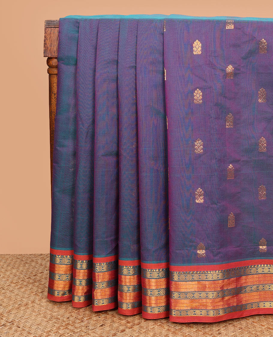 Violet zari buttas Venkatagiri cotton saree, contrast traditional zari border and pallu of zari designs