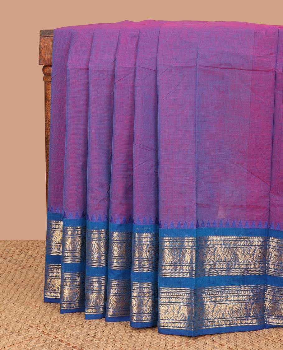 Purple chettinad cotton saree with contrast rettai pettu zari design border & striped pallu