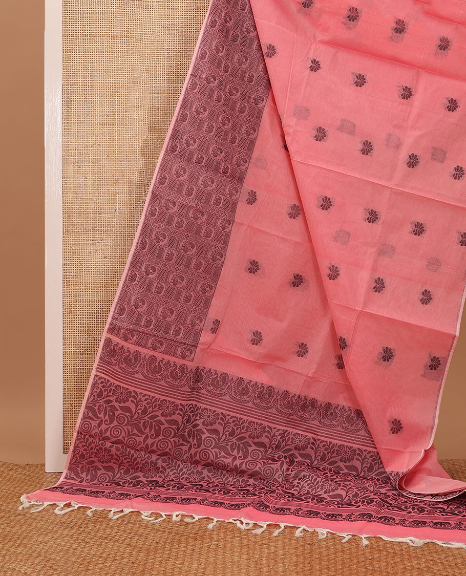 Pink buttas Coimbatore cotton saree, elephant & peacock motifs enclosed checked border & floral design pallu