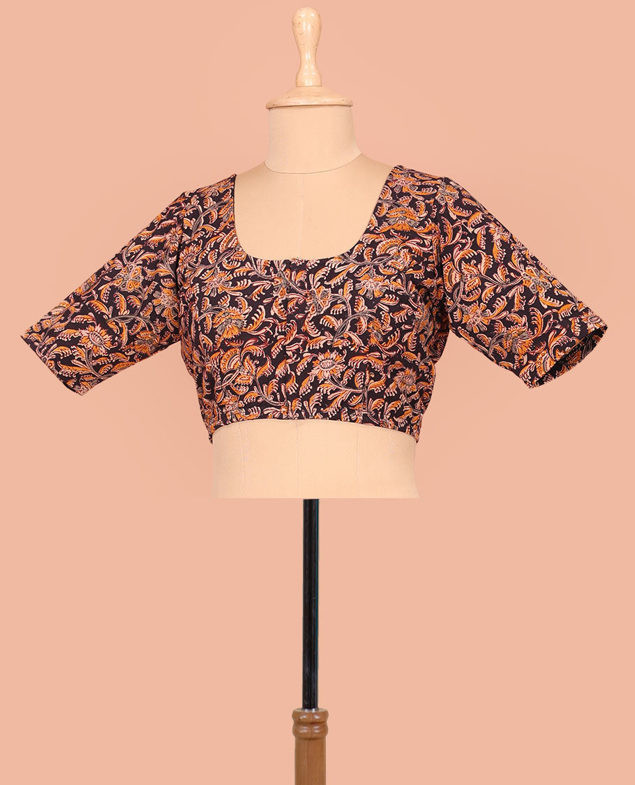 Black Cotton Readymade Enlivened with Floral Vine Design Print, Featuring a Front Round-Neck, a Back Round Neck, and Elbow Sleeves