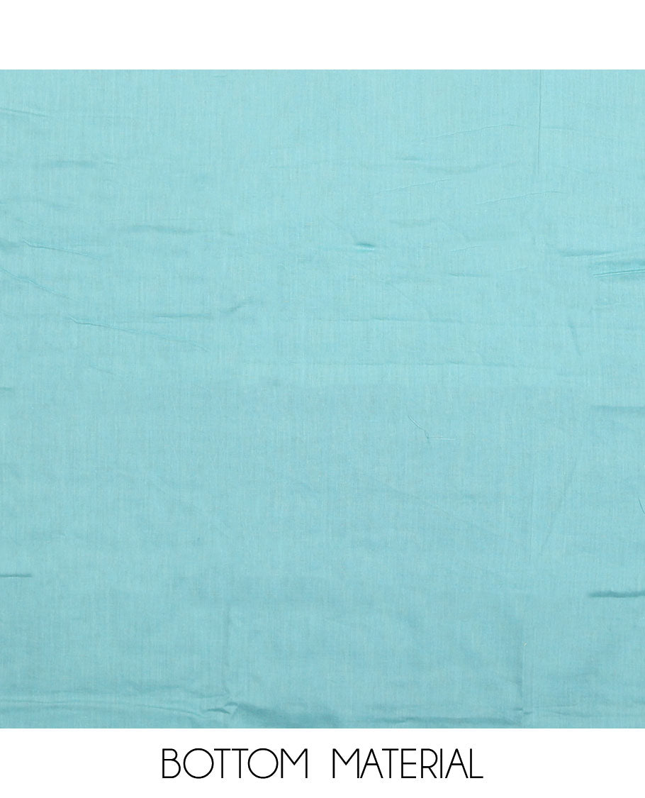 Blue material chudidar set, intricately printed with neck work top, plain bottom, and floral motifs embroidered dupatta